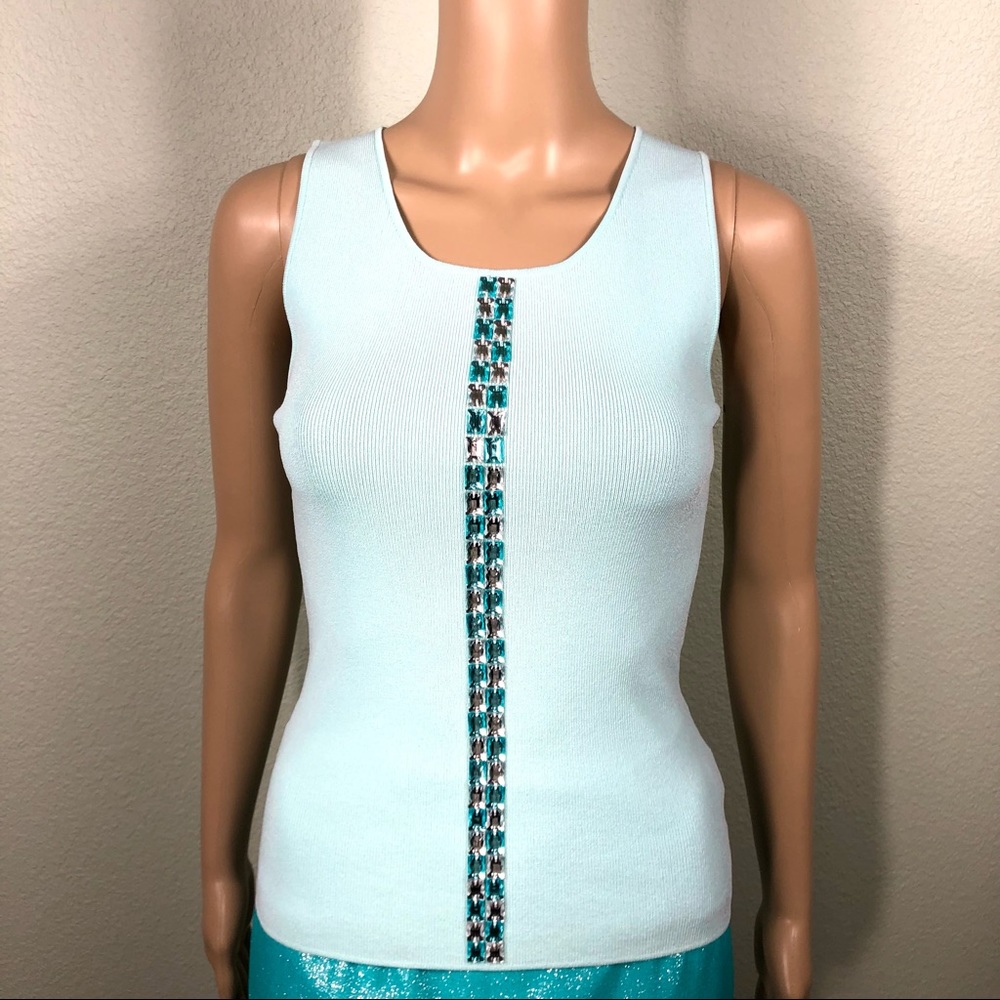 Light blue sleeveless knit top with aqua blue and clear crystals - Picture 12 of 15